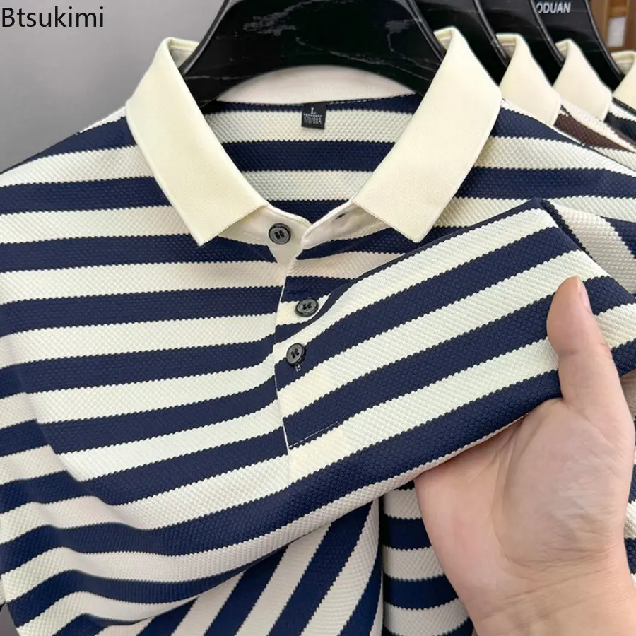 2025 Men's Summer Merbau Short Sleeve Polo Shirt Summer New Style Fashion Striped Loose Top for Men Casual Youth Lapel T-shirt