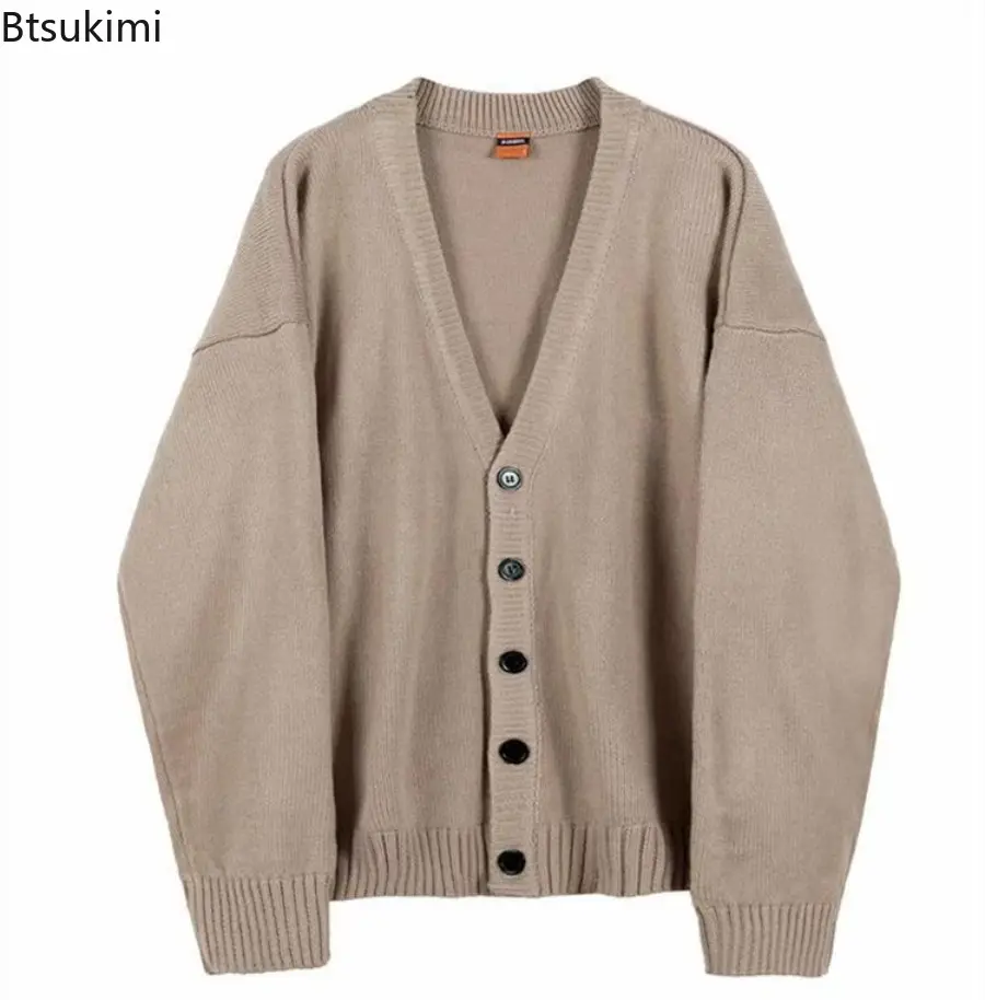 Spring Autumn Men's Casual V-Neck Cardigan Sweaters Solid Color Long Sleeve Outerwear Single-breasted Male Loose Knitted Coats