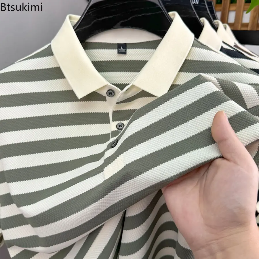 2025 Men's Summer Merbau Short Sleeve Polo Shirt Summer New Style Fashion Striped Loose Top for Men Casual Youth Lapel T-shirt