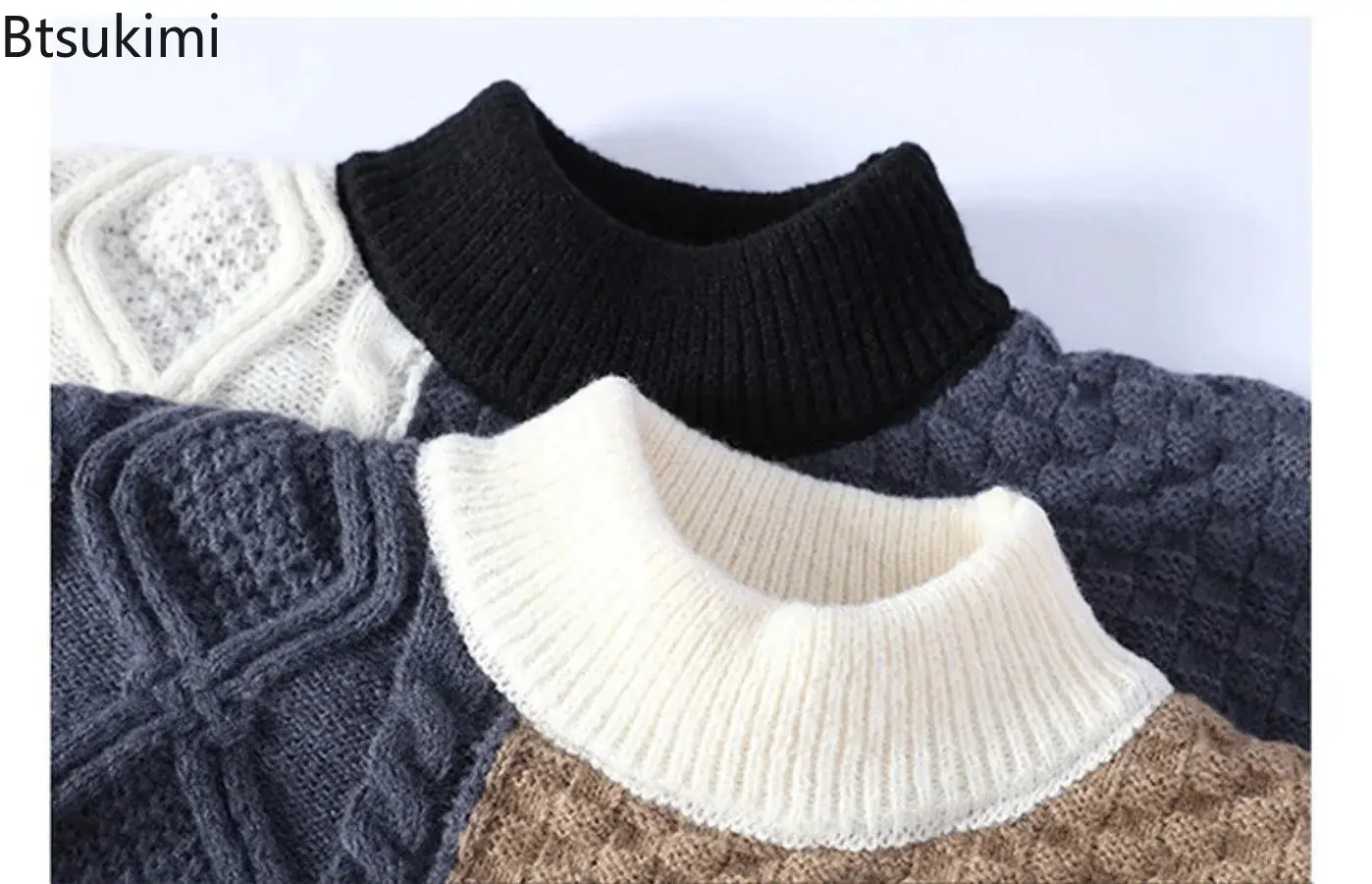 2025 Japanese Style Casual Men Knitted O Neck Pullovers Long Sleeve Sweater Loose Fit Spliced Winter Half High Neck Warm Sweater