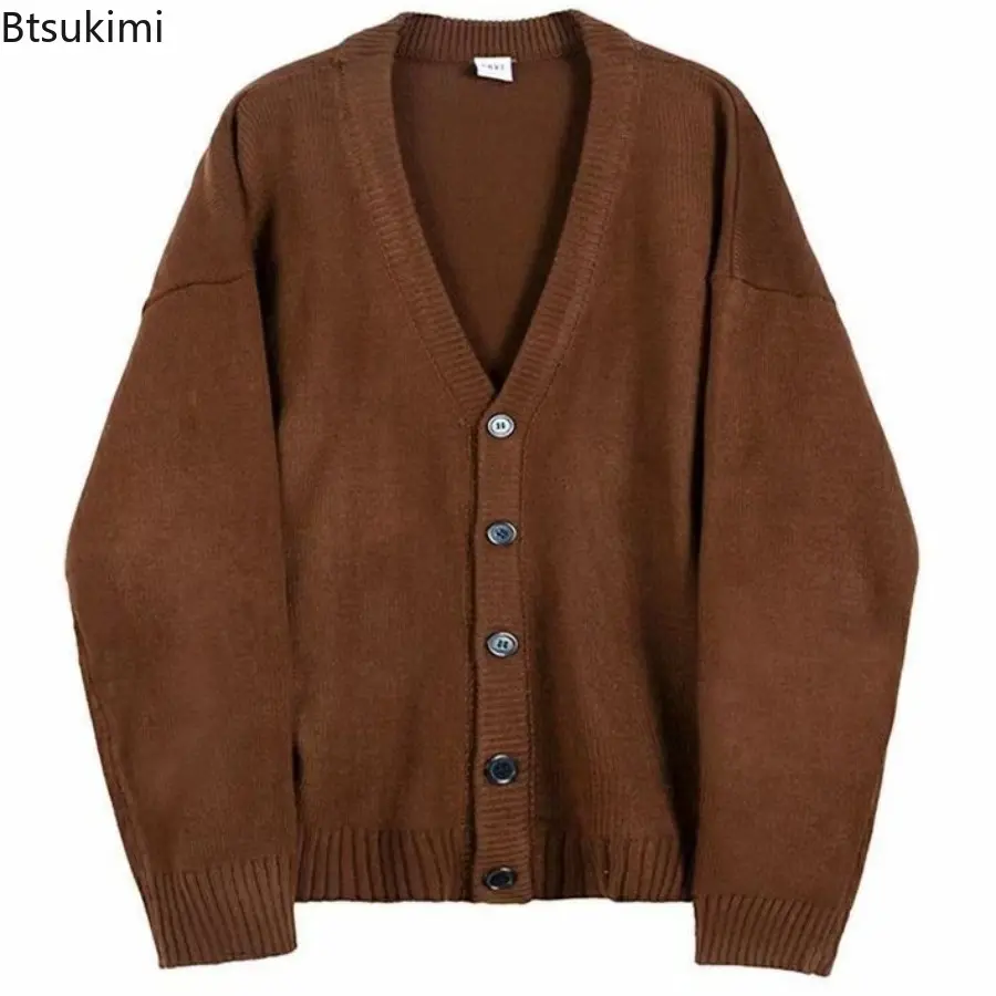 Spring Autumn Men's Casual V-Neck Cardigan Sweaters Solid Color Long Sleeve Outerwear Single-breasted Male Loose Knitted Coats