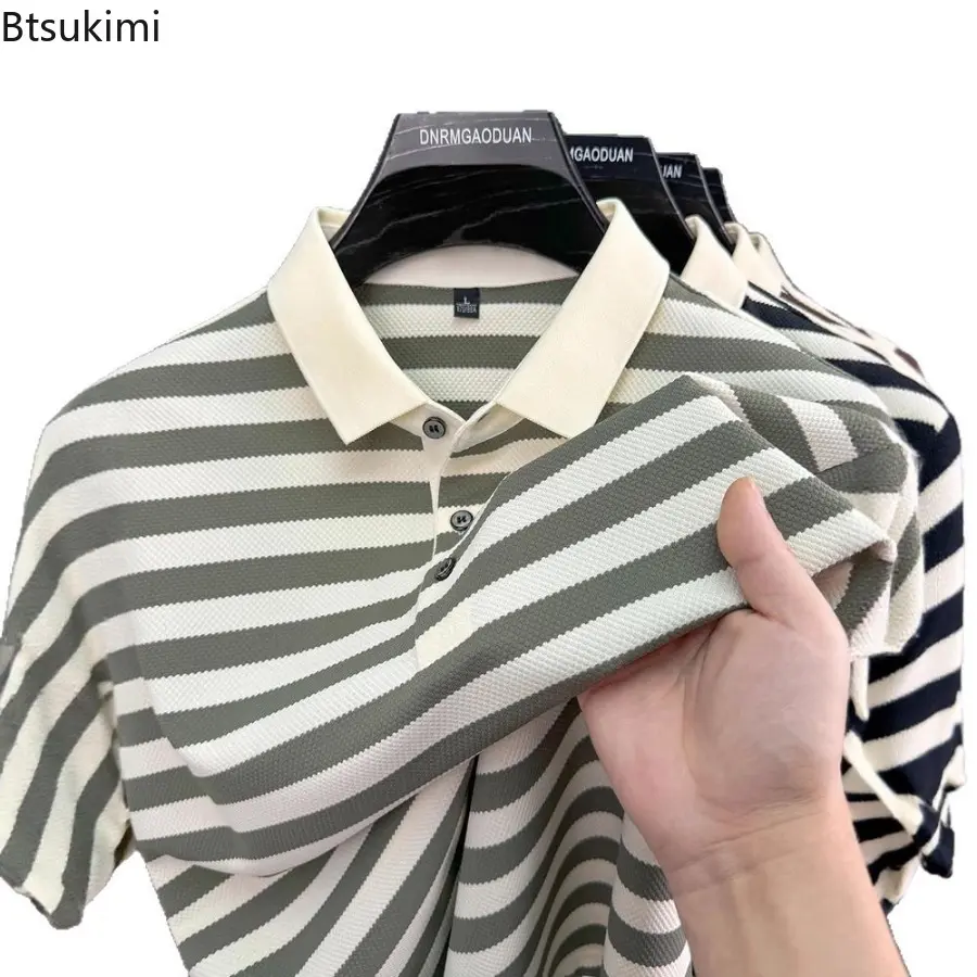 2025 Men's Summer Merbau Short Sleeve Polo Shirt Summer New Style Fashion Striped Loose Top for Men Casual Youth Lapel T-shirt