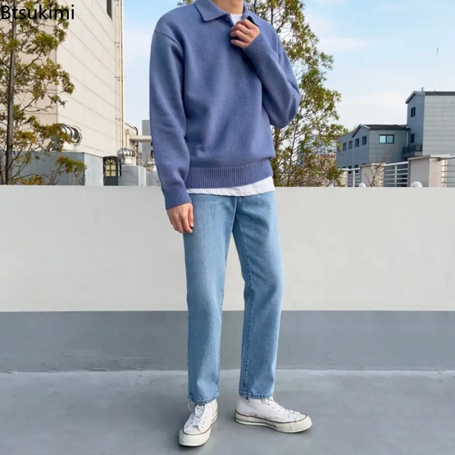 2025 Mens Autumn Winter Lapel Sweater Men Warm Zipper Knitted Pullover Sweater Men Streetwear Korean Loose Long Sleeved Sweater