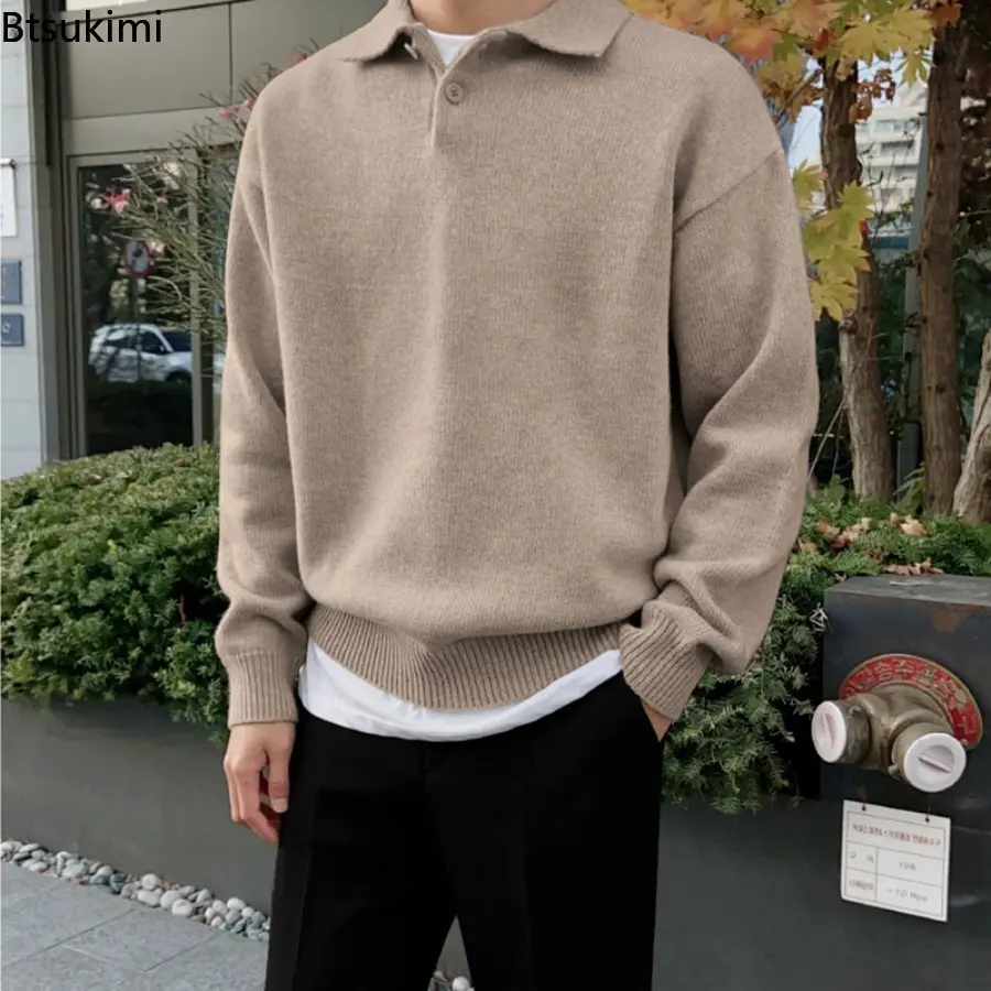 2025 Mens Autumn Winter Lapel Sweater Men Warm Zipper Knitted Pullover Sweater Men Streetwear Korean Loose Long Sleeved Sweater