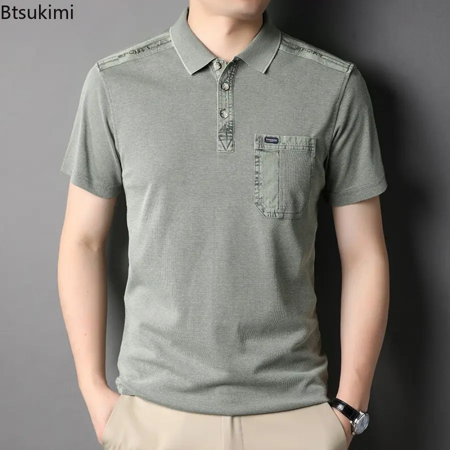 Men's Summer Short Sleeve Polo Shirts Fashion Patchwork Design Lapel Casual Shirts Men Loose Embroidery Business Tops Sport Tees