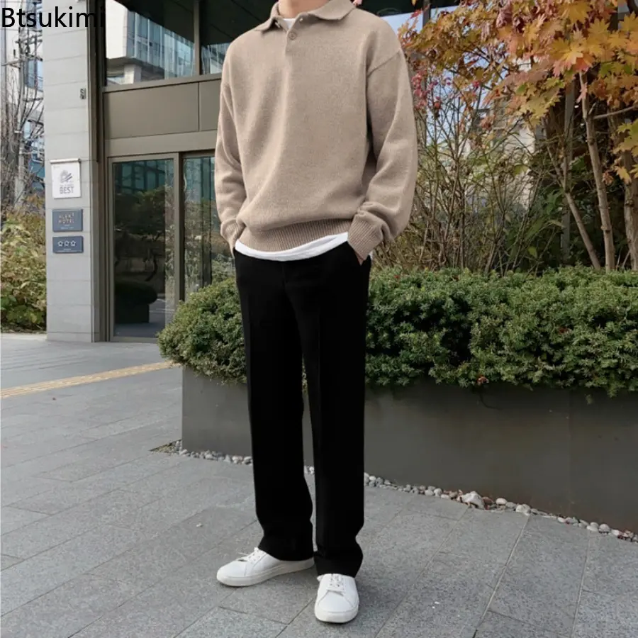 2025 Mens Autumn Winter Lapel Sweater Men Warm Zipper Knitted Pullover Sweater Men Streetwear Korean Loose Long Sleeved Sweater