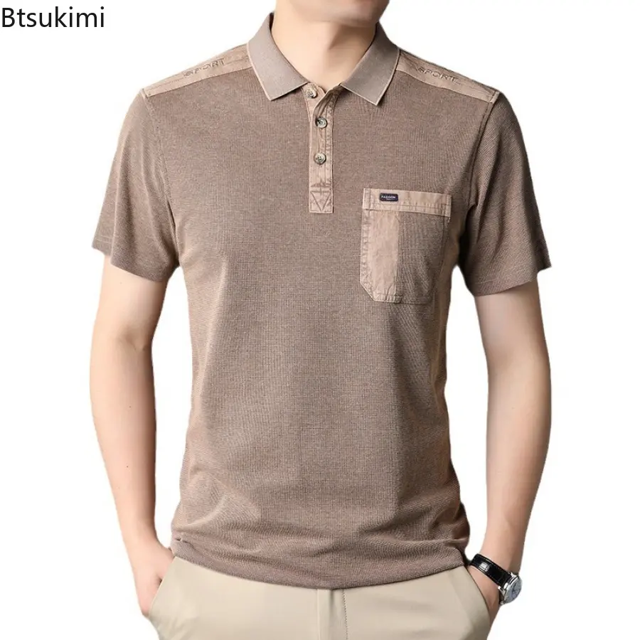 Men's Summer Short Sleeve Polo Shirts Fashion Patchwork Design Lapel Casual Shirts Men Loose Embroidery Business Tops Sport Tees