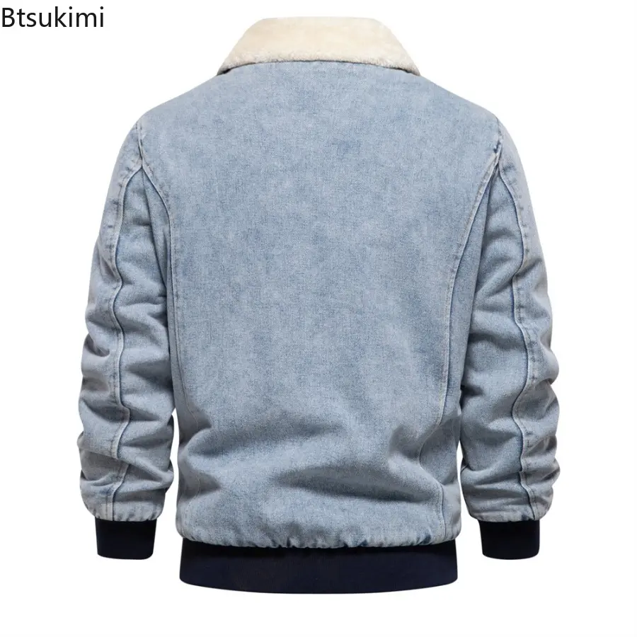 2025 Winter New Men's Plush Denim Coat Jacket Solid Color Lapel Zipper Thickened Cotton Jacket Fashion Casual Washed Denim Tops
