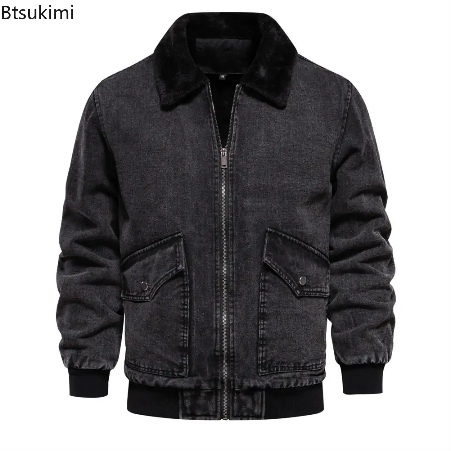 2025 Winter New Men's Plush Denim Coat Jacket Solid Color Lapel Zipper Thickened Cotton Jacket Fashion Casual Washed Denim Tops
