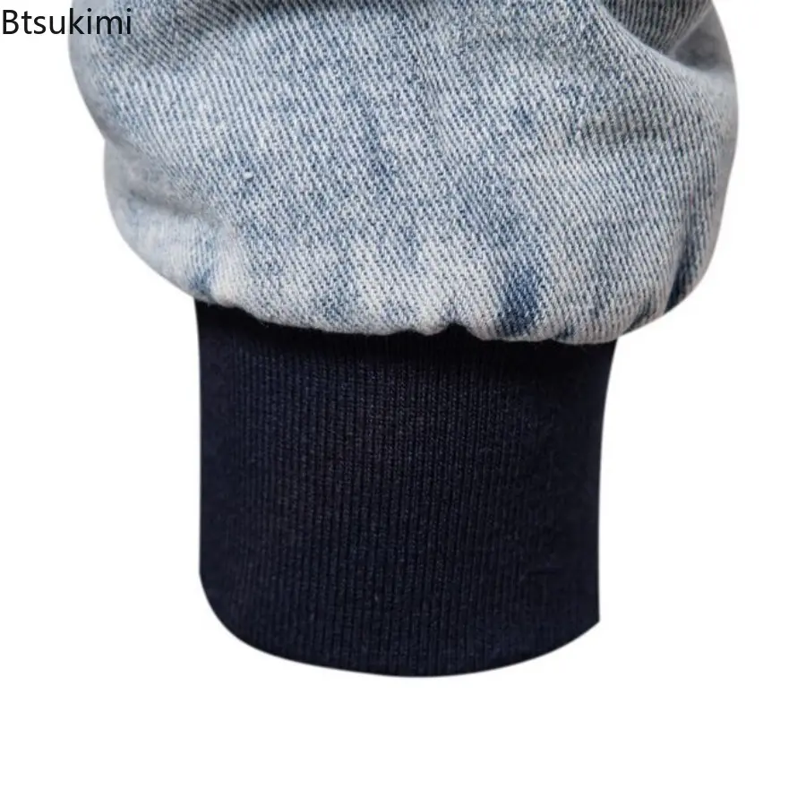 2025 Winter New Men's Plush Denim Coat Jacket Solid Color Lapel Zipper Thickened Cotton Jacket Fashion Casual Washed Denim Tops