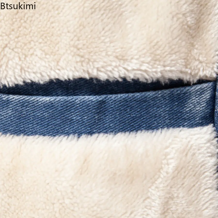 2025 Winter New Men's Plush Denim Coat Jacket Solid Color Lapel Zipper Thickened Cotton Jacket Fashion Casual Washed Denim Tops