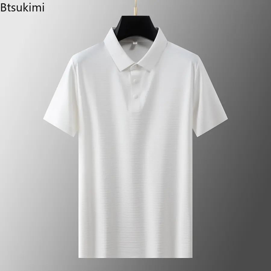 Men's Summer Ice Silk Business Casual Polo Shirt Premium Light Luxury Lapel T-shirt Fashionable Elastic Sports Tops Men Clothing