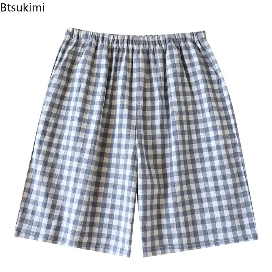 Classic Plaid Pajama Shorts for Men Loose Casual Cotton Fabric Home Pants Soft Breathable Beach Pants Lounge Sleep Bottoms Male