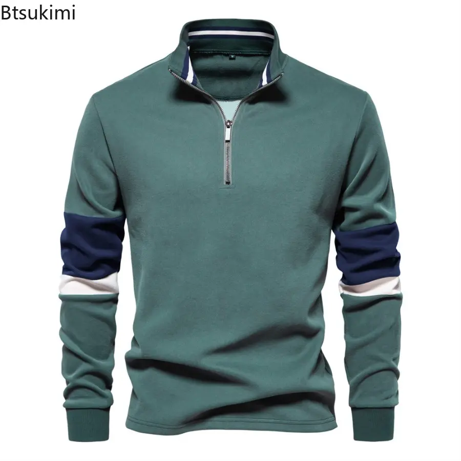 Mens Stand Up Collar Long Sleeved Zipper Sweatshirts Causal Social Pocket Light Weight Stand Collar Pullover Sweatshirt for Men