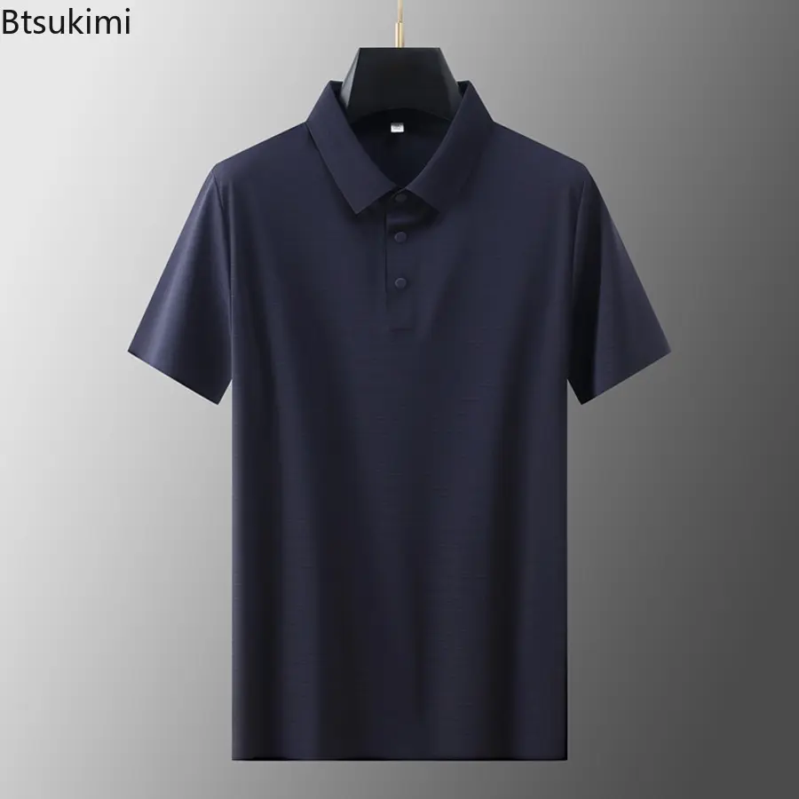 Men's Summer Ice Silk Business Casual Polo Shirt Premium Light Luxury Lapel T-shirt Fashionable Elastic Sports Tops Men Clothing