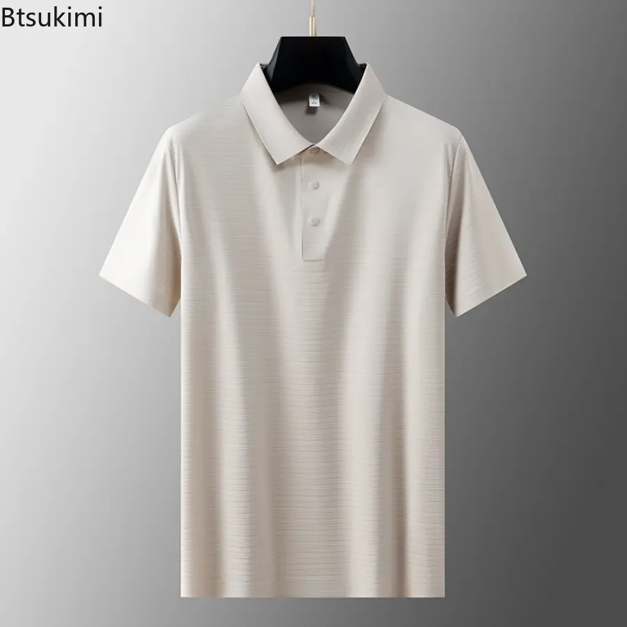 Men's Summer Ice Silk Business Casual Polo Shirt Premium Light Luxury Lapel T-shirt Fashionable Elastic Sports Tops Men Clothing