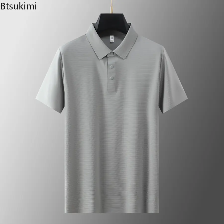Men's Summer Ice Silk Business Casual Polo Shirt Premium Light Luxury Lapel T-shirt Fashionable Elastic Sports Tops Men Clothing
