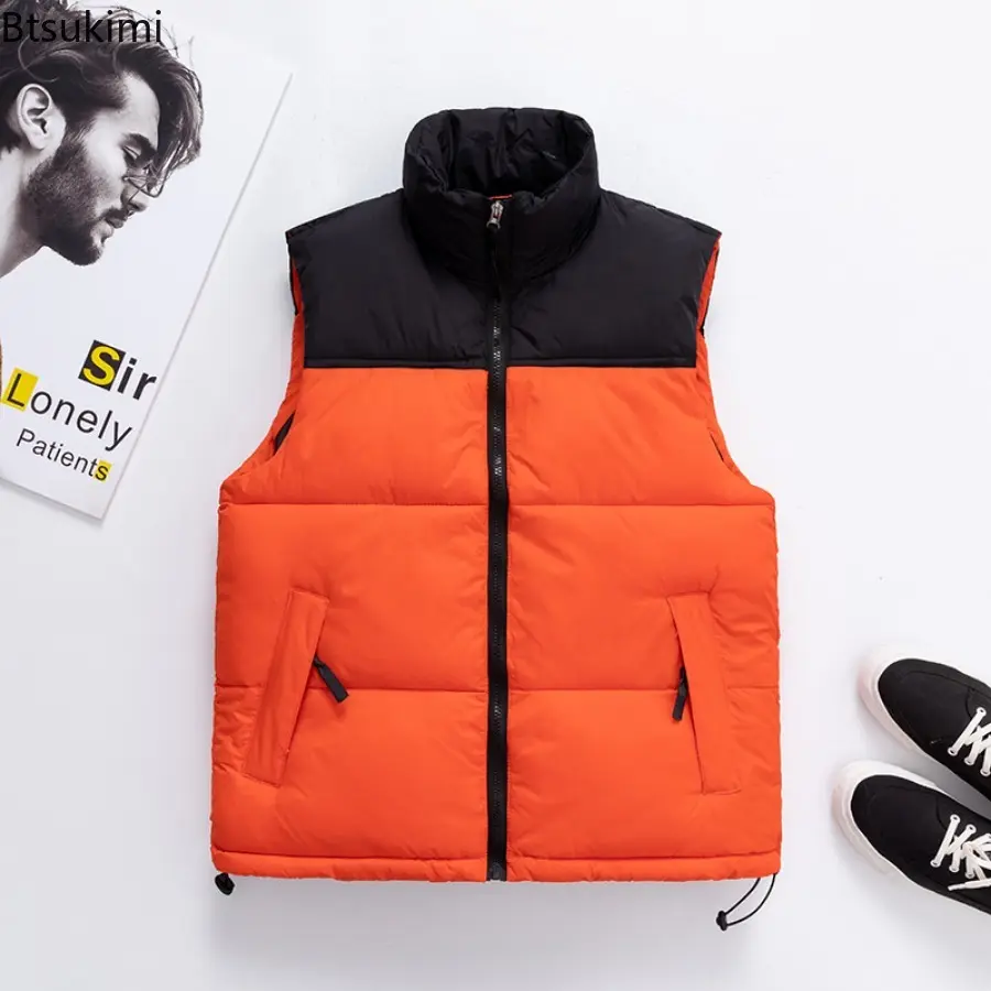 2024 Autumn Winter New Men's Thicken Warm Down Cotton Vest Jacket Fashion Contrast Color Design Male Loose Casual Waistcoat Tops