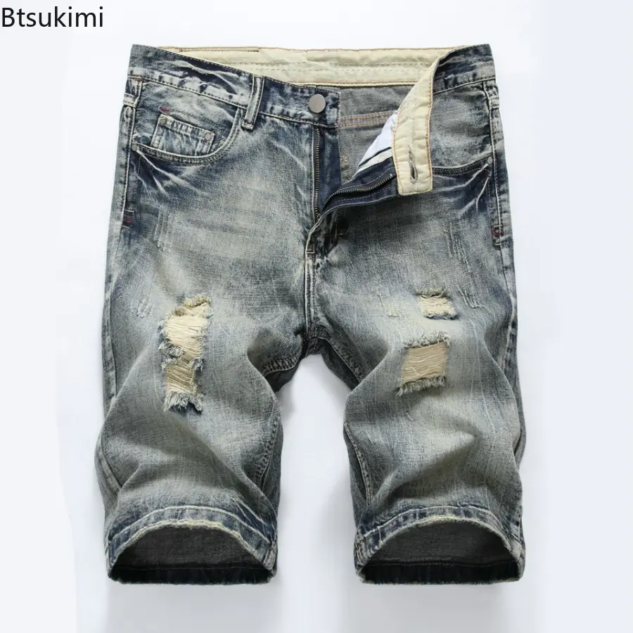 2025 Men's Denim Shorts Summer New Style Elastic Slim Fit Short Jeans Fashion Holes Casual Cotton Cowboy Short Trousers for Male
