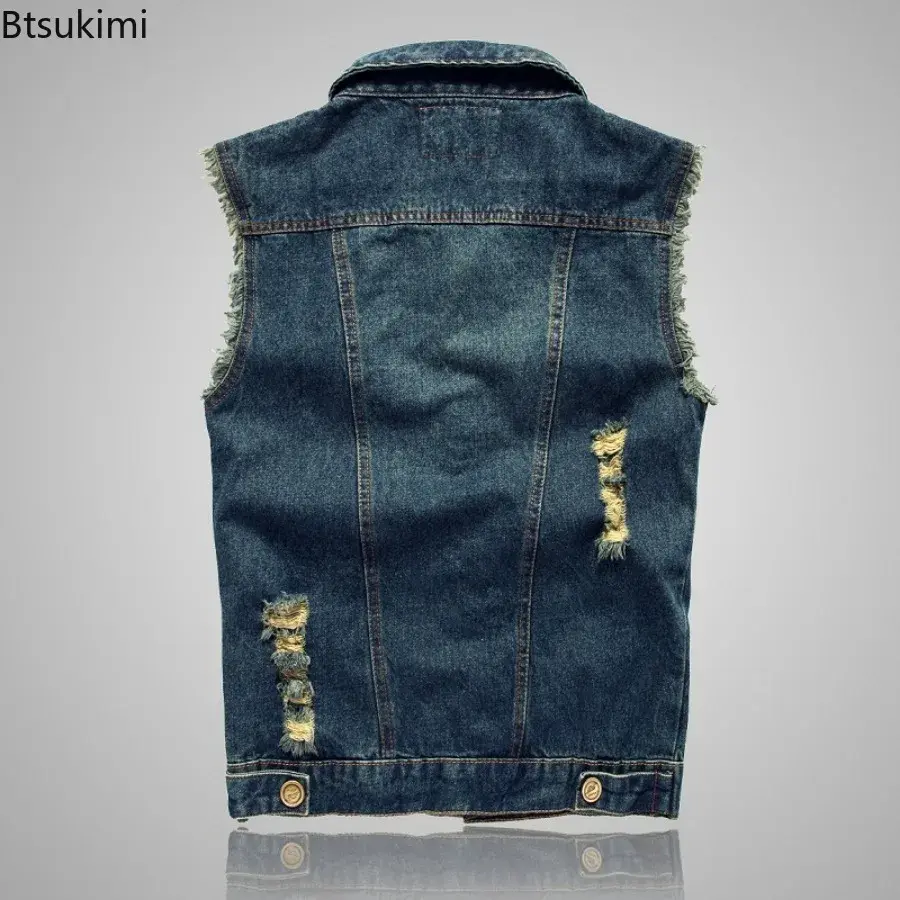 2025 Men's Fashion Casual Sleeveless Denim Jacket Korean Style Trend Hole Slim Fit Vest Oversized Men Cotton Jeans Waistcoat 6XL