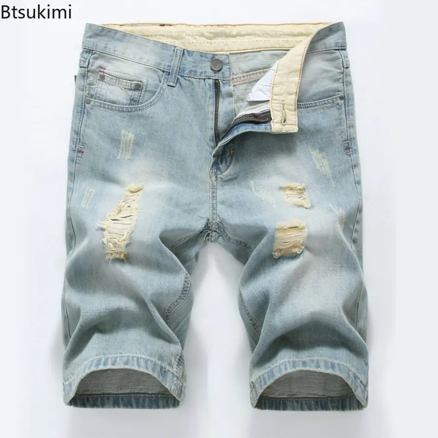 2025 Men's Denim Shorts Summer New Style Elastic Slim Fit Short Jeans Fashion Holes Casual Cotton Cowboy Short Trousers for Male