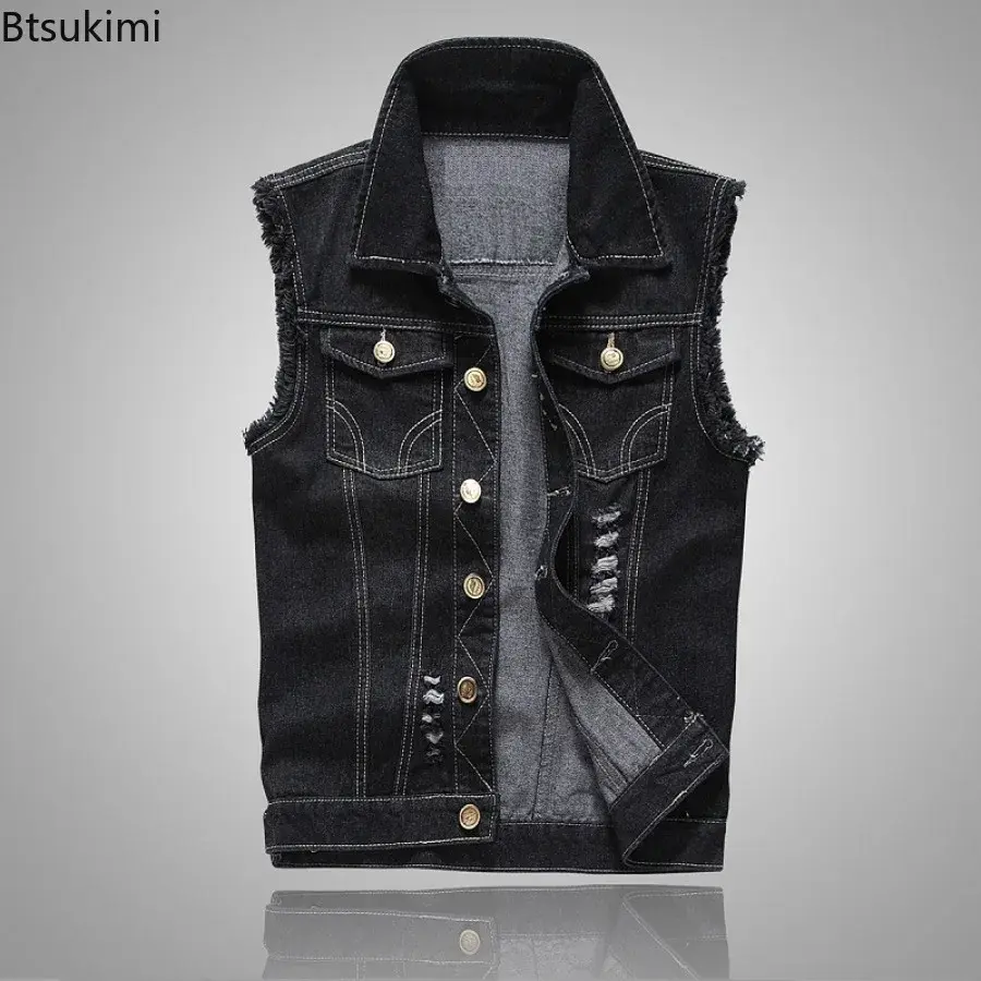 2025 Men's Fashion Casual Sleeveless Denim Jacket Korean Style Trend Hole Slim Fit Vest Oversized Men Cotton Jeans Waistcoat 6XL