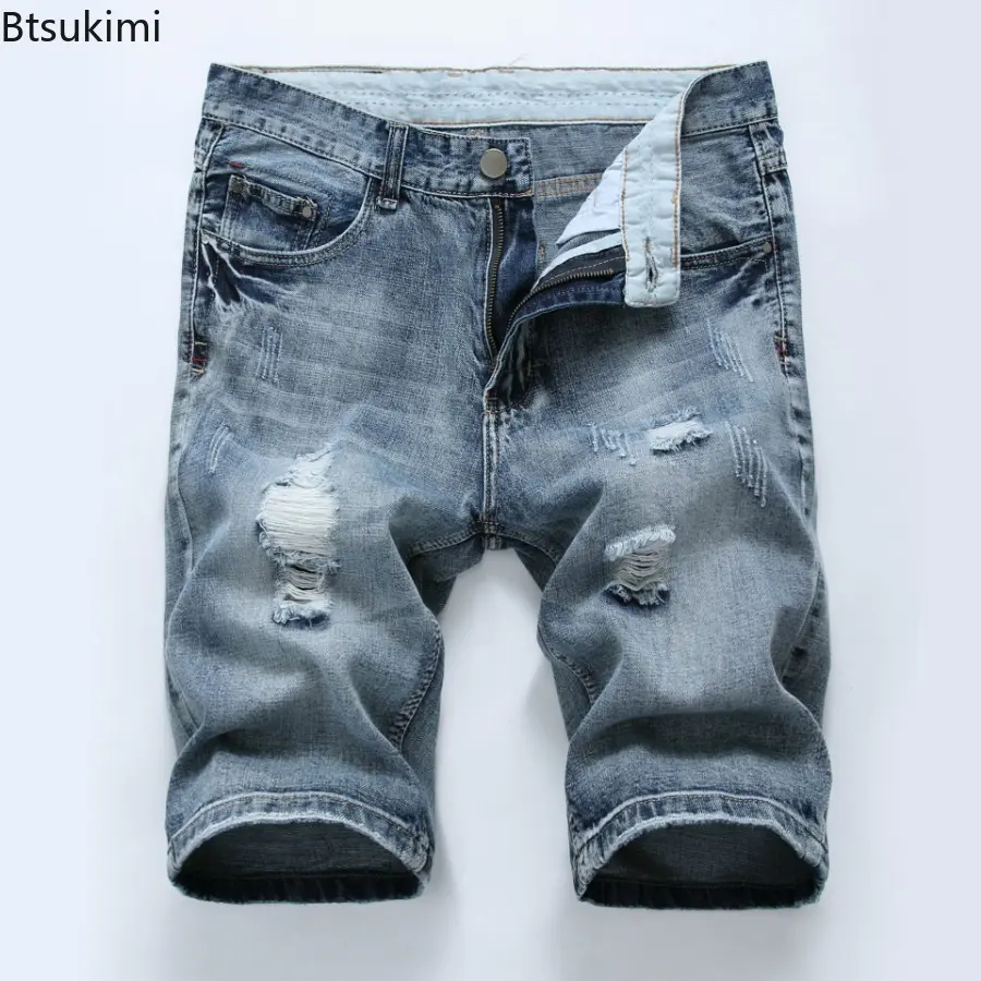 2025 Men's Denim Shorts Summer New Style Elastic Slim Fit Short Jeans Fashion Holes Casual Cotton Cowboy Short Trousers for Male