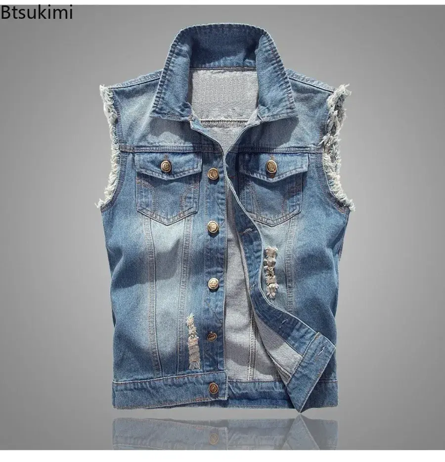 2025 Men's Fashion Casual Sleeveless Denim Jacket Korean Style Trend Hole Slim Fit Vest Oversized Men Cotton Jeans Waistcoat 6XL