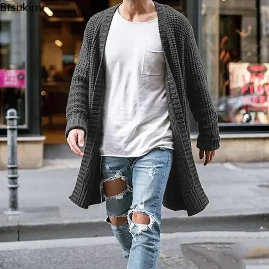New Men's Knitted Cardigan Fashion Long Sweater Loose Casual Solid Long Sleeve Knit Sweater Coats Autumn Winter Warm Jacket Male