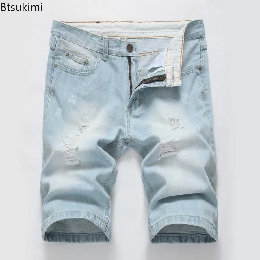 2025 Men's Denim Shorts Summer New Style Elastic Slim Fit Short Jeans Fashion Holes Casual Cotton Cowboy Short Trousers for Male