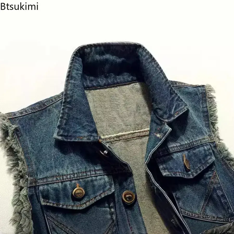 2025 Men's Fashion Casual Sleeveless Denim Jacket Korean Style Trend Hole Slim Fit Vest Oversized Men Cotton Jeans Waistcoat 6XL