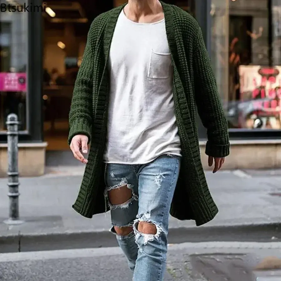 New Men's Knitted Cardigan Fashion Long Sweater Loose Casual Solid Long Sleeve Knit Sweater Coats Autumn Winter Warm Jacket Male