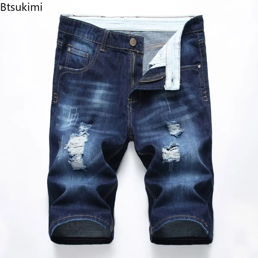 2025 Men's Denim Shorts Summer New Style Elastic Slim Fit Short Jeans Fashion Holes Casual Cotton Cowboy Short Trousers for Male