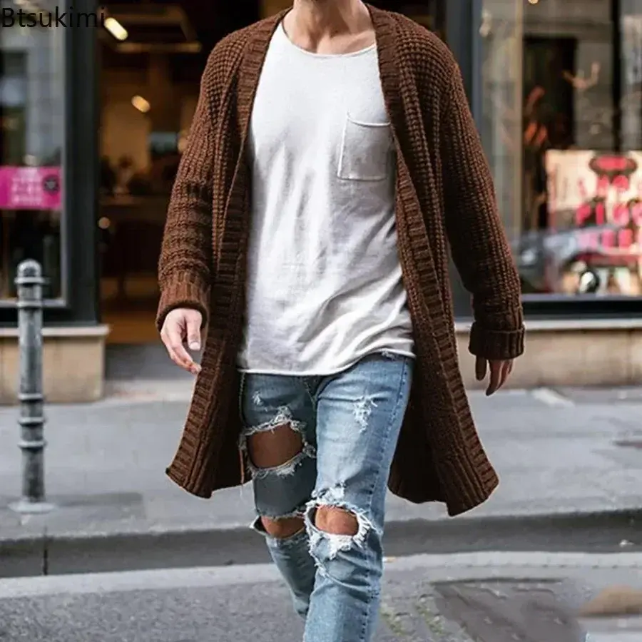 New Men's Knitted Cardigan Fashion Long Sweater Loose Casual Solid Long Sleeve Knit Sweater Coats Autumn Winter Warm Jacket Male