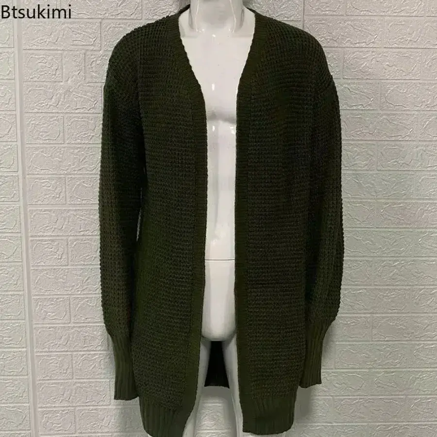 New Men's Knitted Cardigan Fashion Long Sweater Loose Casual Solid Long Sleeve Knit Sweater Coats Autumn Winter Warm Jacket Male