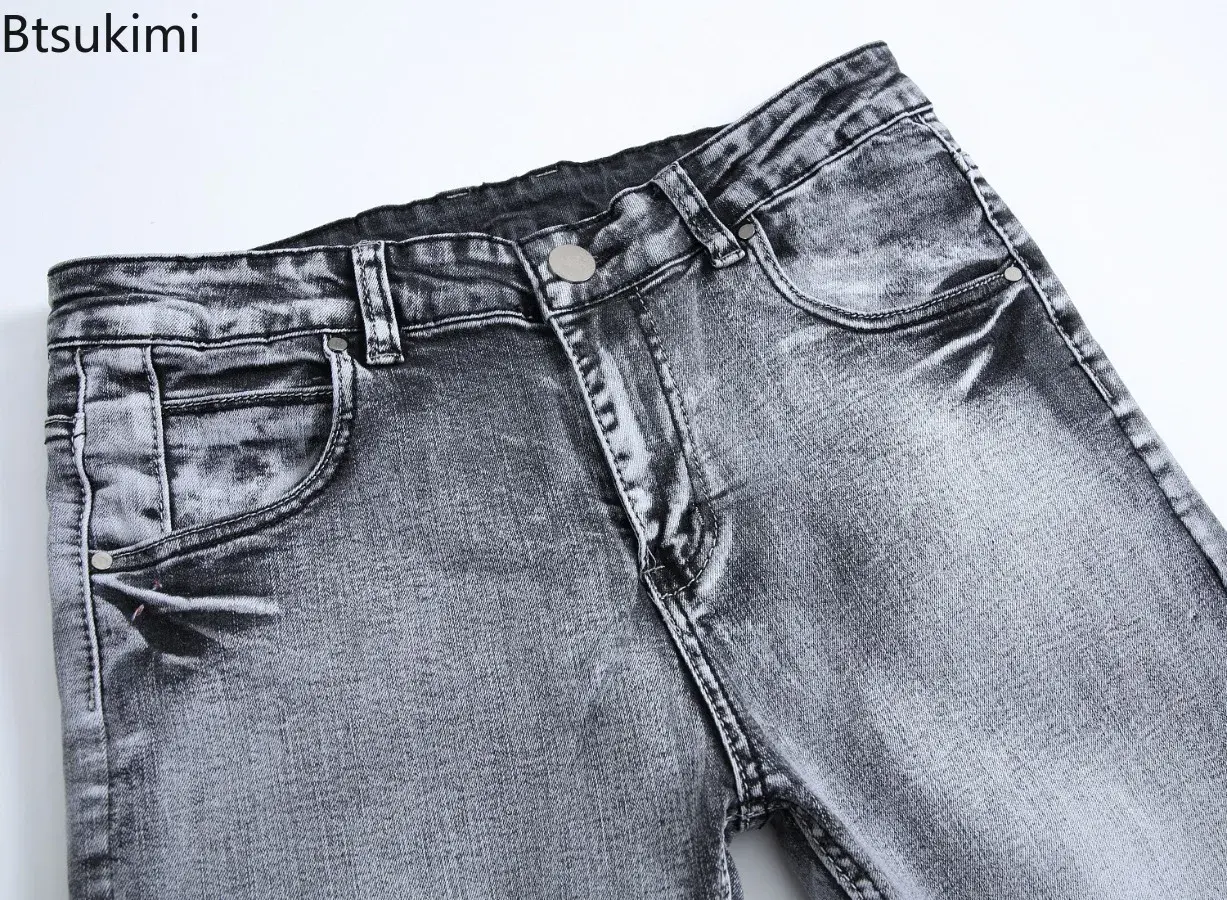 New 2025 Men's Grey Jeans Pants Fashion Casual Slim Fit Small Feet Long Pants Trend Versatile Stretch Denim Trousers for Men