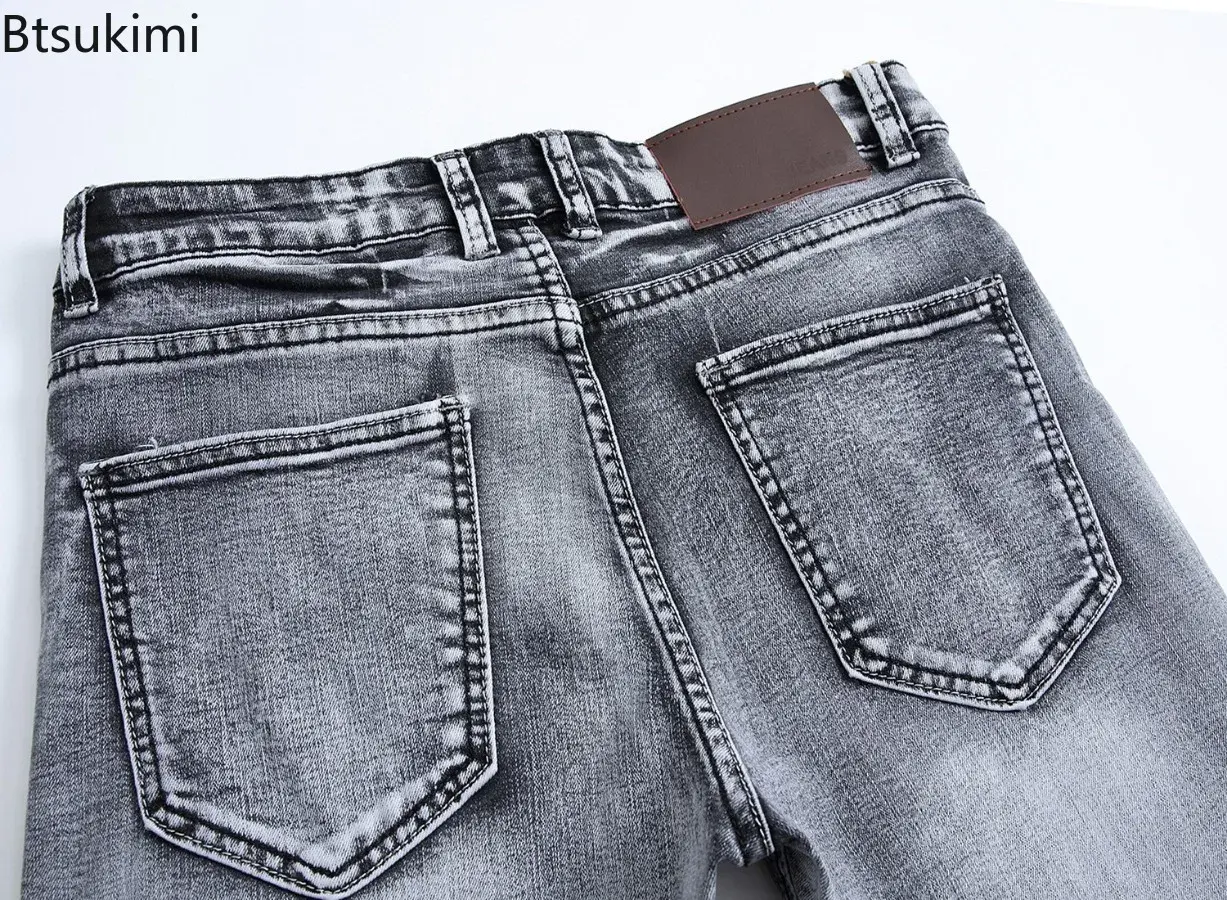 New 2025 Men's Grey Jeans Pants Fashion Casual Slim Fit Small Feet Long Pants Trend Versatile Stretch Denim Trousers for Men