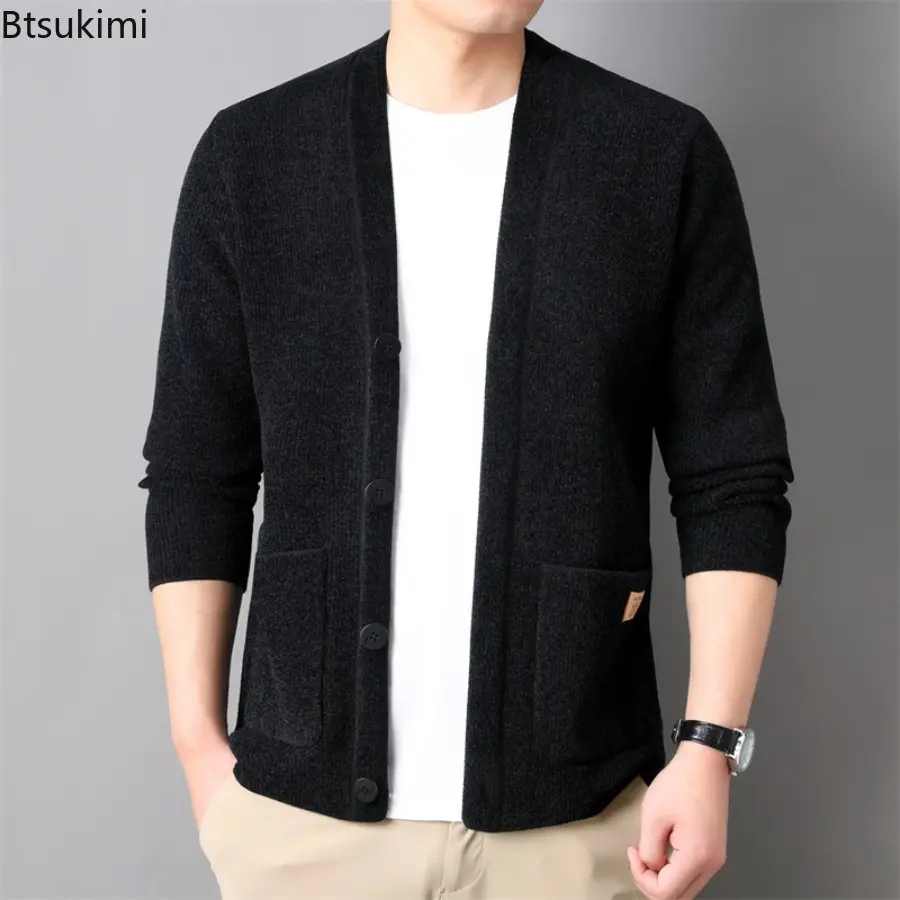 2025 Men's Spring and Autumn Solid Knitted Cardigan Korean Edition Trendy Business Casual Corduroy Cardigan Coat Male Streetwear