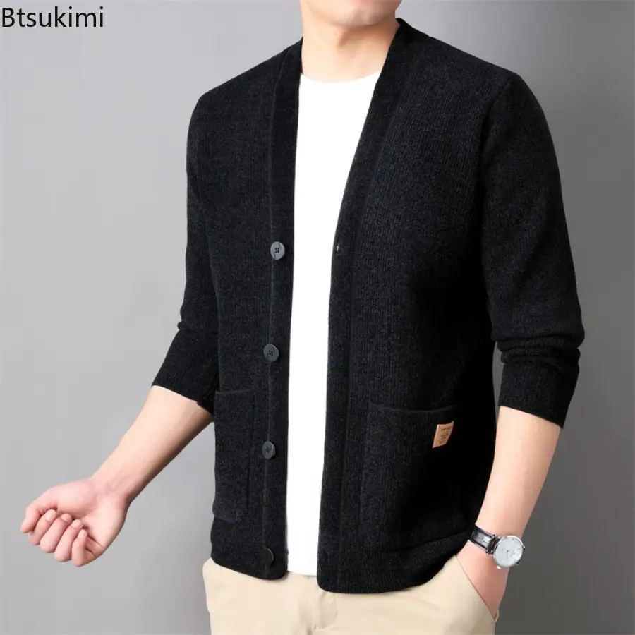 2025 Men's Spring and Autumn Solid Knitted Cardigan Korean Edition Trendy Business Casual Corduroy Cardigan Coat Male Streetwear