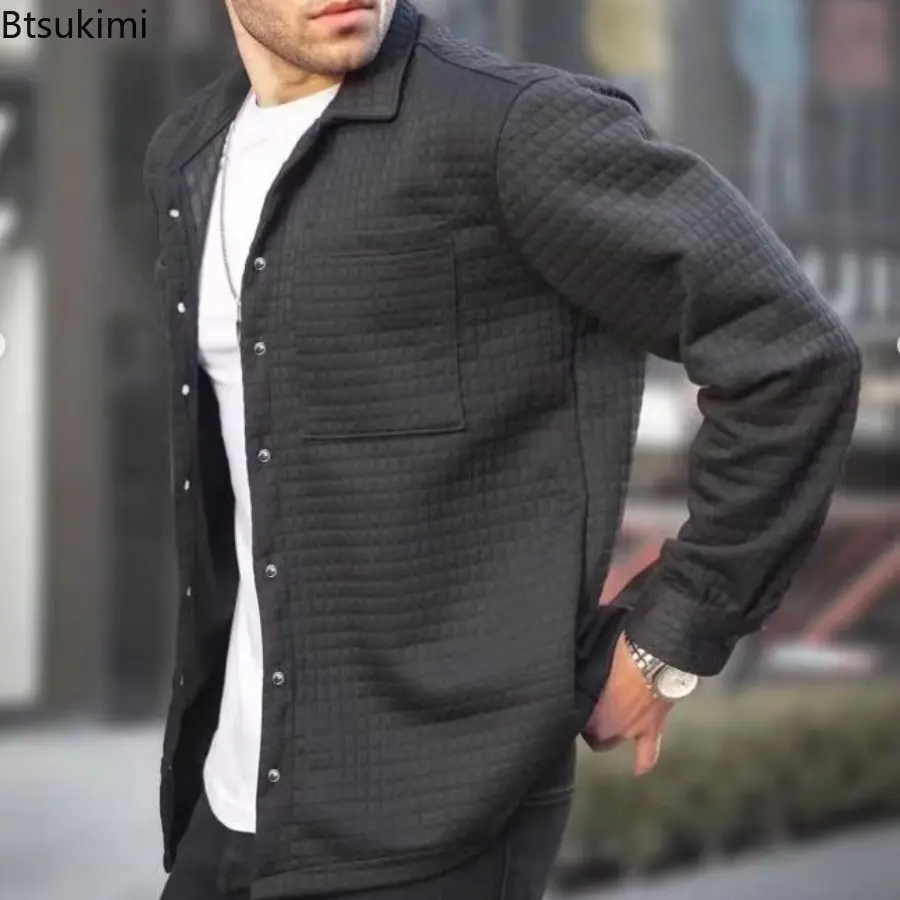 2025 Men's Lapel Plaid Jacquard Hoodies Cardigan Fashion Solid Long-sleeved Loose Casual Jackets Trend Sweatshirt Male Outcoats