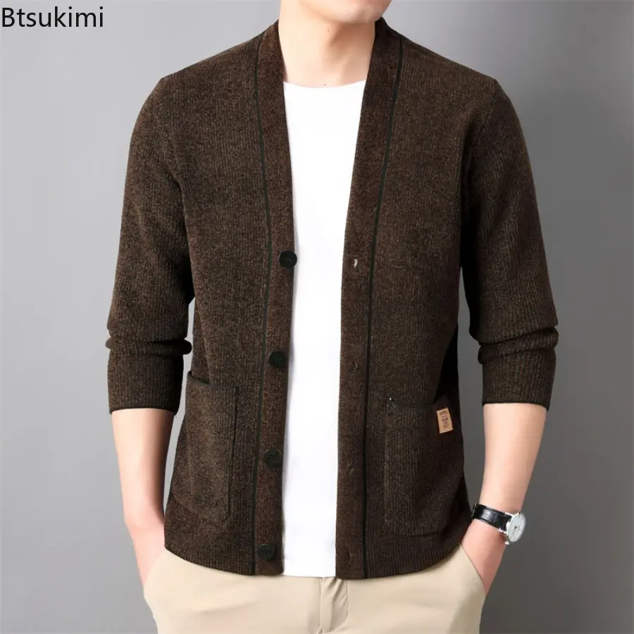 2025 Men's Spring and Autumn Solid Knitted Cardigan Korean Edition Trendy Business Casual Corduroy Cardigan Coat Male Streetwear