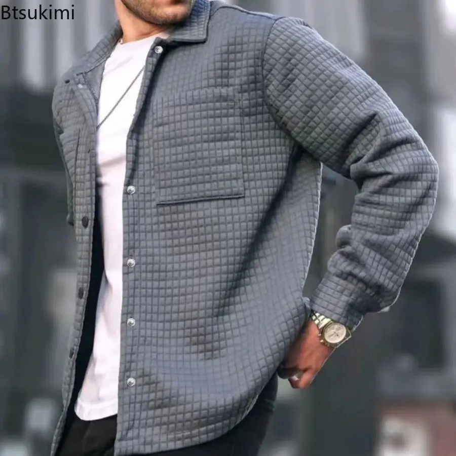 2025 Men's Lapel Plaid Jacquard Hoodies Cardigan Fashion Solid Long-sleeved Loose Casual Jackets Trend Sweatshirt Male Outcoats