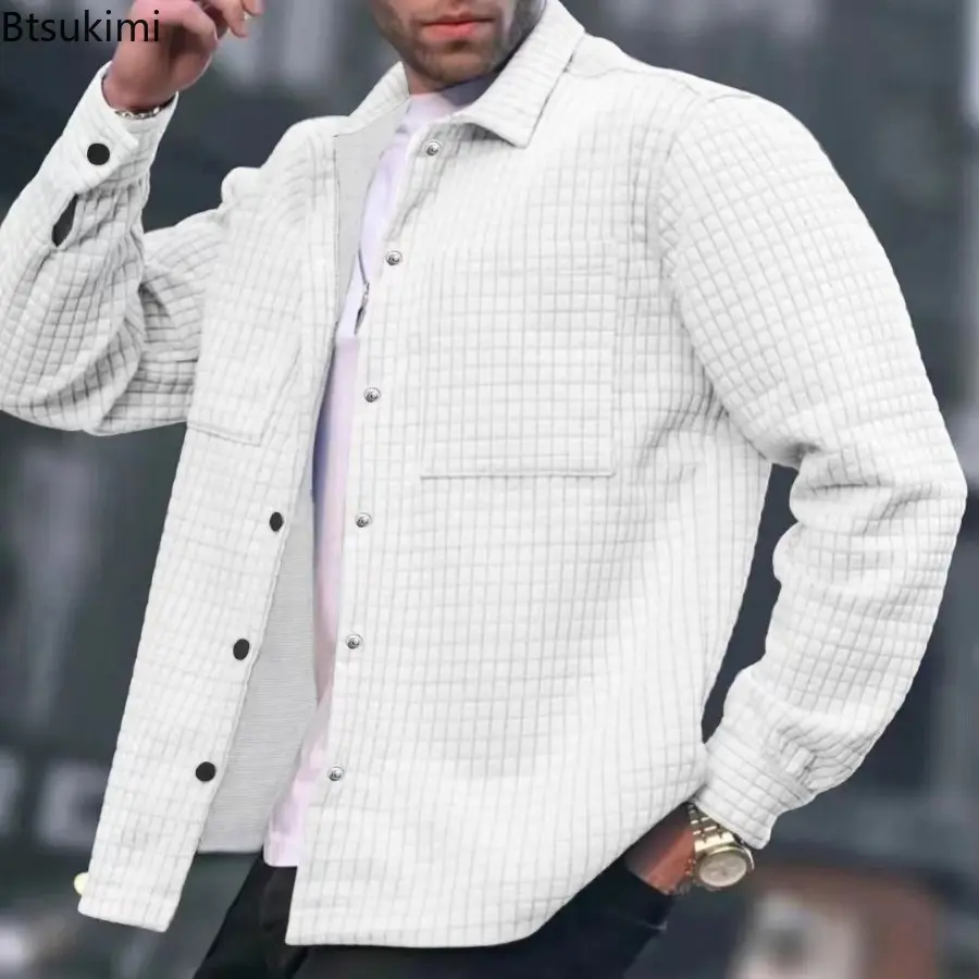 2025 Men's Lapel Plaid Jacquard Hoodies Cardigan Fashion Solid Long-sleeved Loose Casual Jackets Trend Sweatshirt Male Outcoats