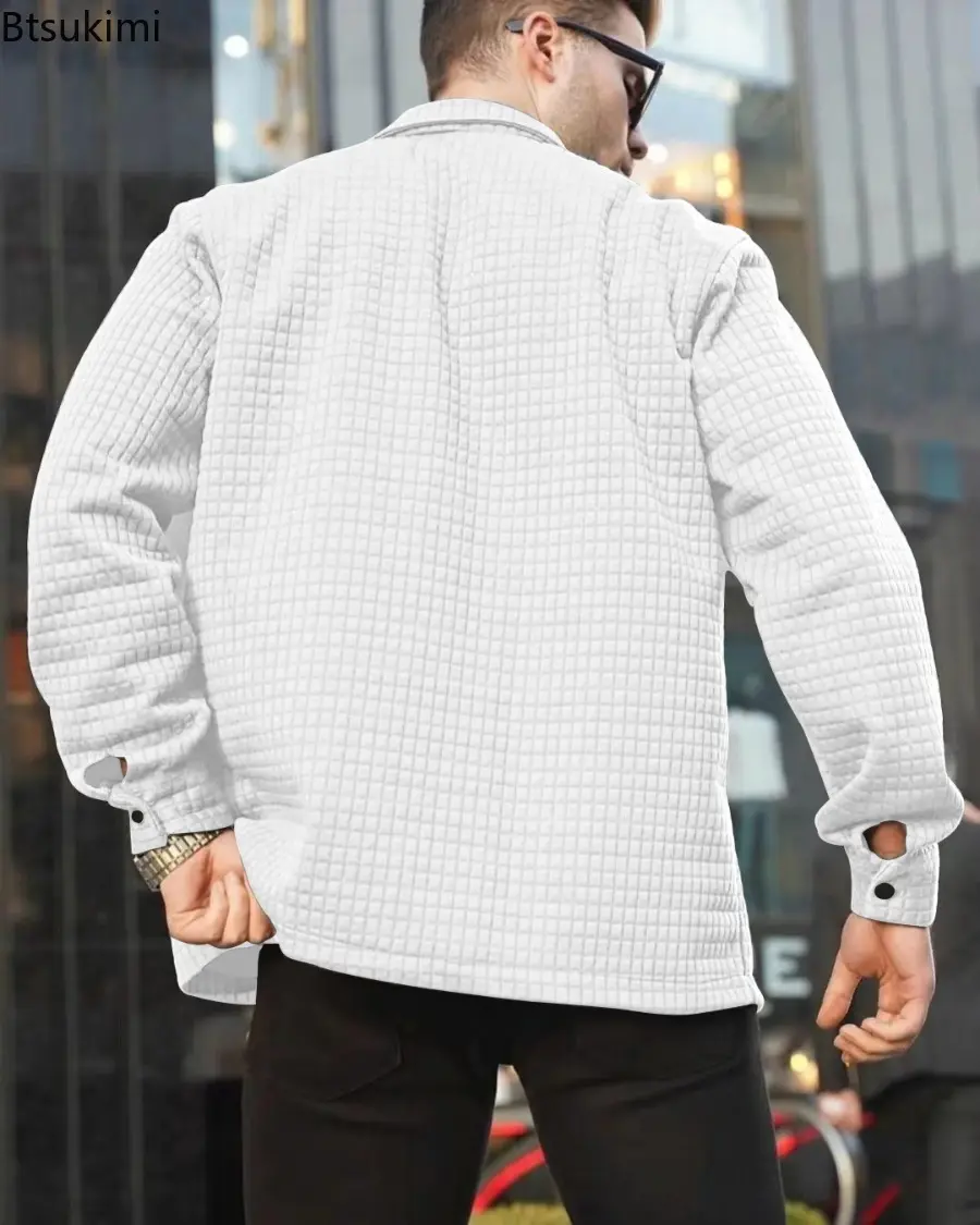 2025 Men's Lapel Plaid Jacquard Hoodies Cardigan Fashion Solid Long-sleeved Loose Casual Jackets Trend Sweatshirt Male Outcoats