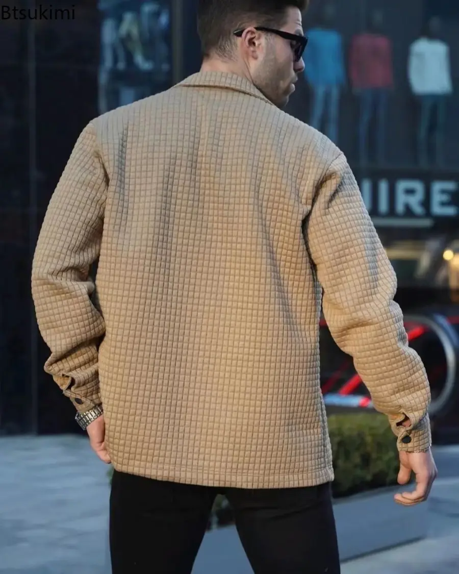 2025 Men's Lapel Plaid Jacquard Hoodies Cardigan Fashion Solid Long-sleeved Loose Casual Jackets Trend Sweatshirt Male Outcoats