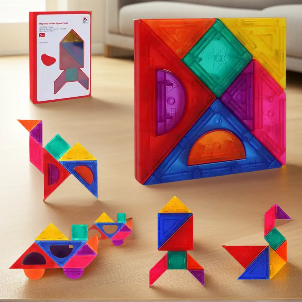 Magnetic Tangram 9-Piece Jigsaw Puzzle ABS Montessori Educational Toy 3D Geometric Figure Puzzles Game Contains Teaching Cards