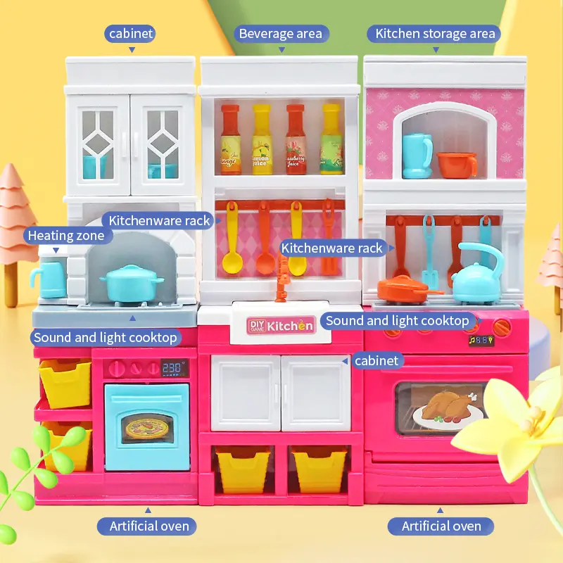 DIY Kid Play House Simulation Kitchen Pretend Toys Kitchenware Lighting and Sounds Cooking Game Set Children Fun Educational Toy