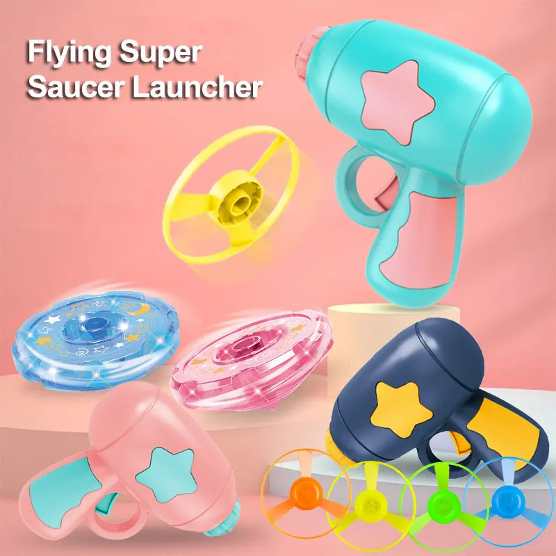 Children Saucer Launcher Pistol Outdoor Spinning Top Dinosaur Gun Toys Flying Disc Bamboo Dragonfly Ejection Luminous Gyroscope