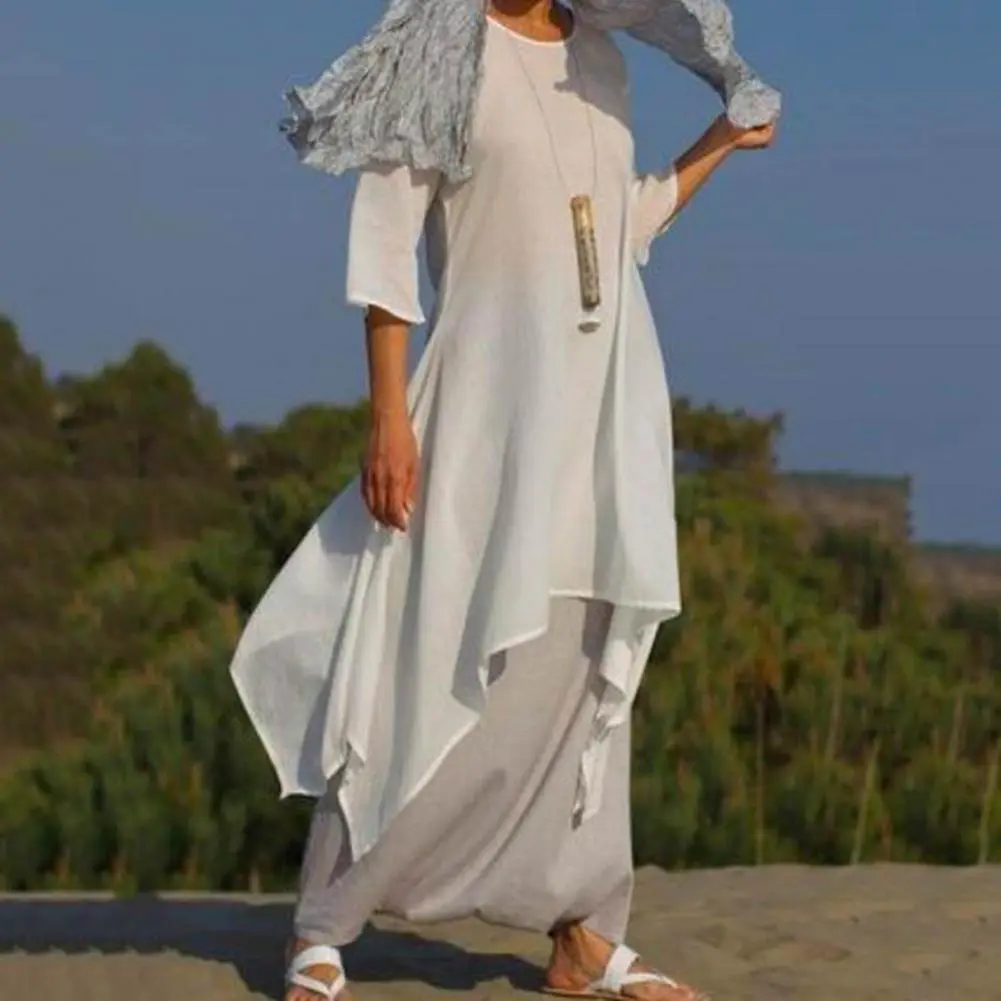 O-Neck Long Sleeve Loose Fitting Tunic Dress Women Fashion Irregular Hem Leisure Midi Dress Female Clothing