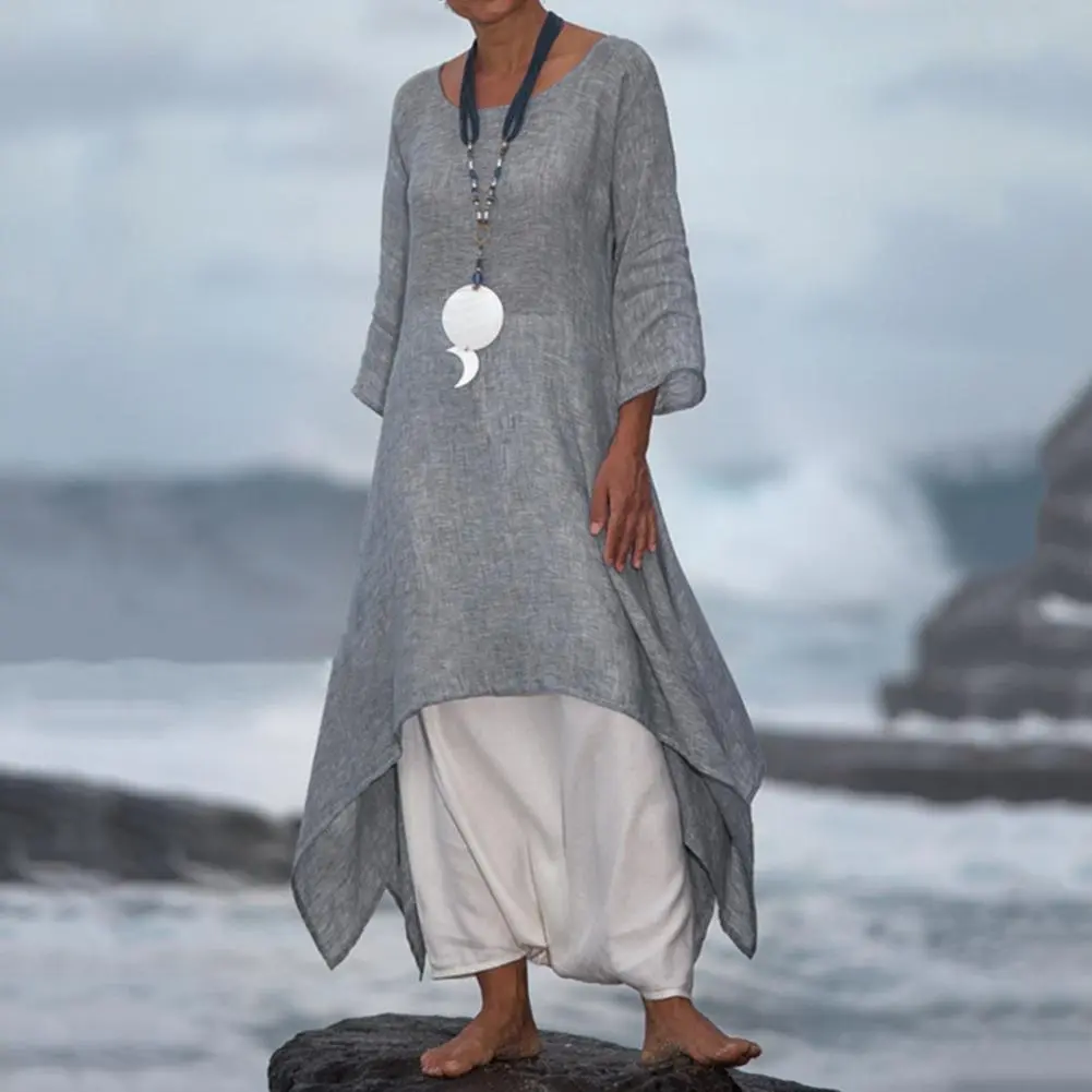 O-Neck Long Sleeve Loose Fitting Tunic Dress Women Fashion Irregular Hem Leisure Midi Dress Female Clothing